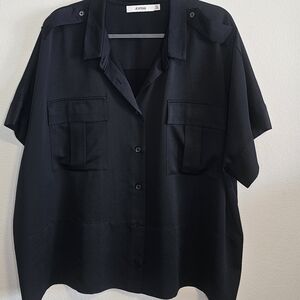 JUST FAB Satin Black Button-Up Cropped Shirt-2X-New